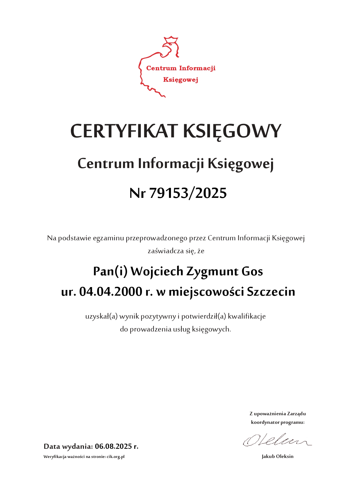 Certyfikat Wojciech Gos