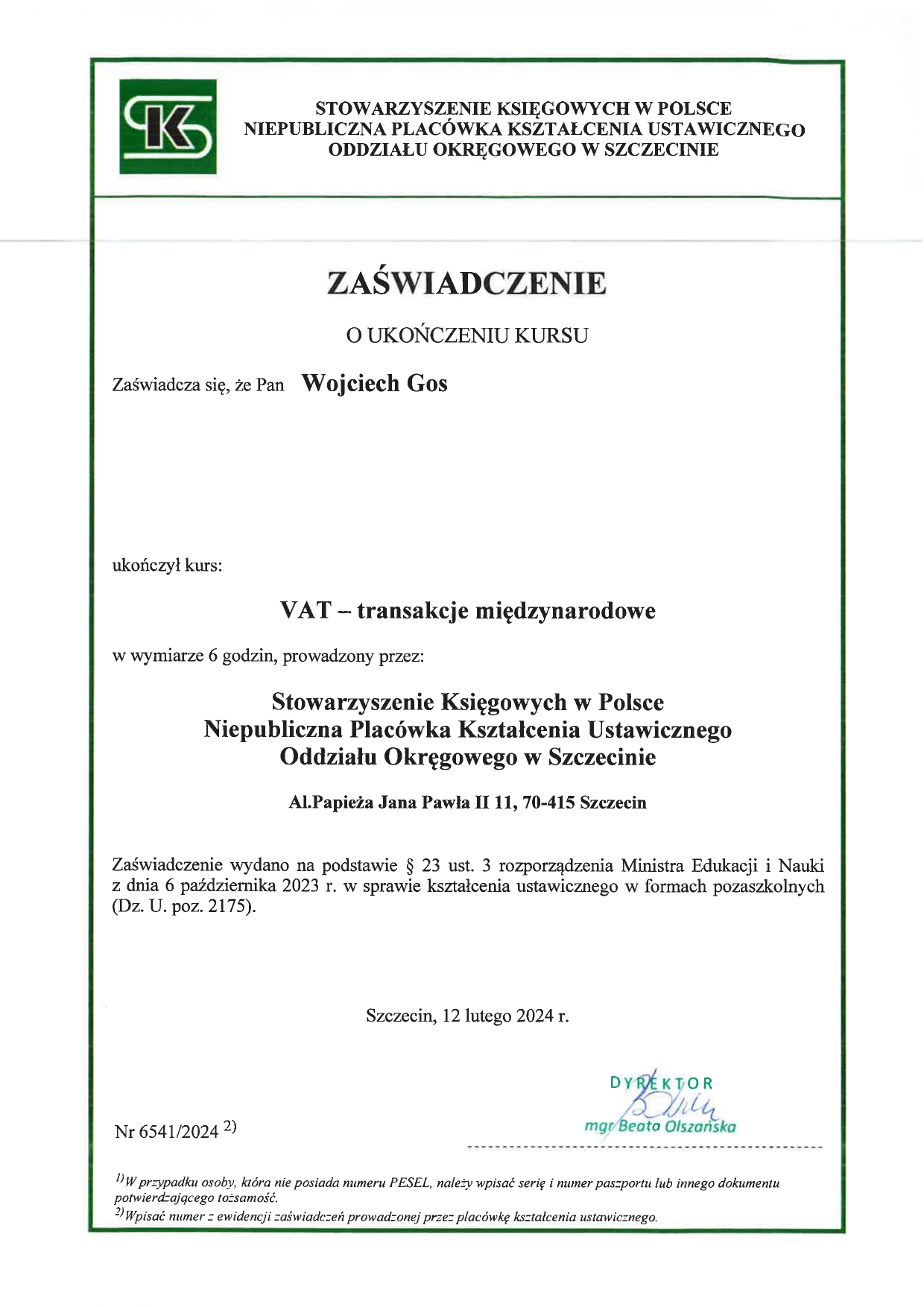 Certyfikat Wojciech Gos