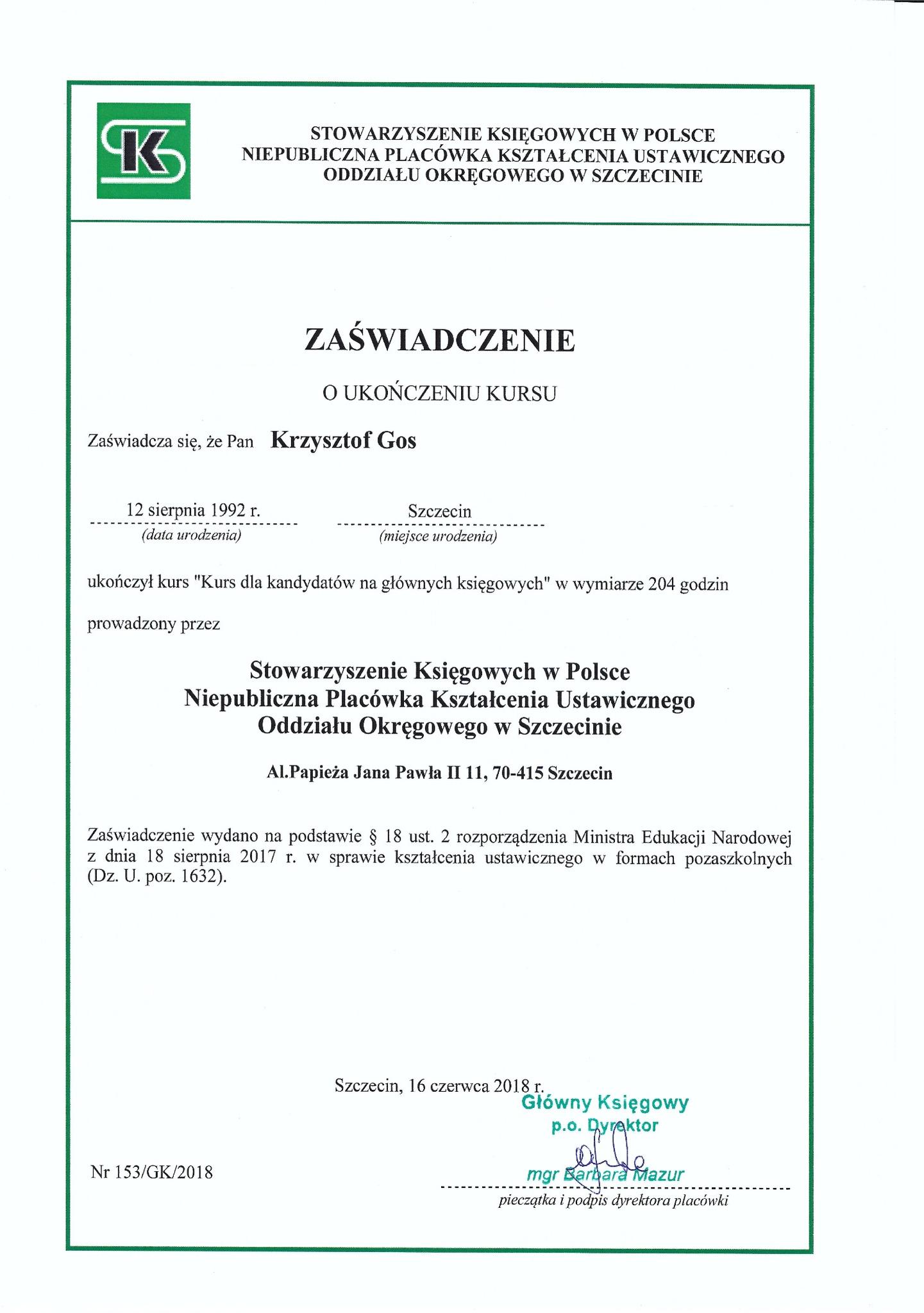 Certyfikat Wojciech Gos