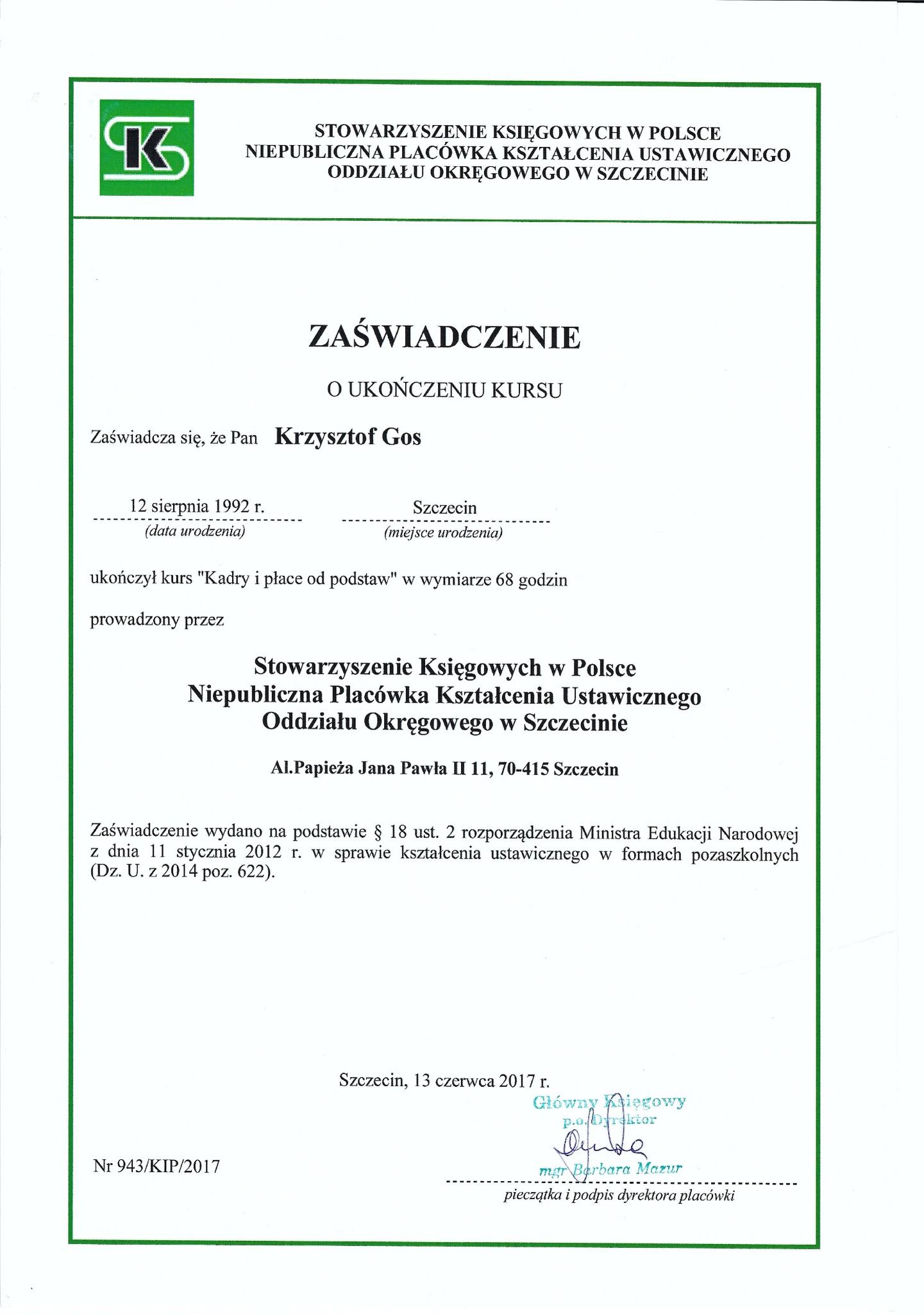 Certyfikat Wojciech Gos