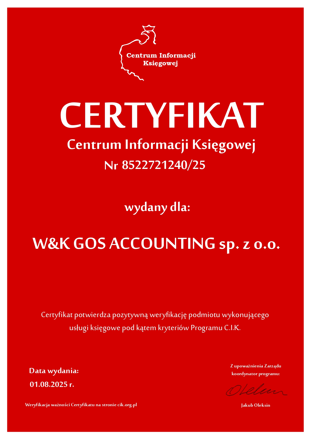 Certyfikat WKGOS