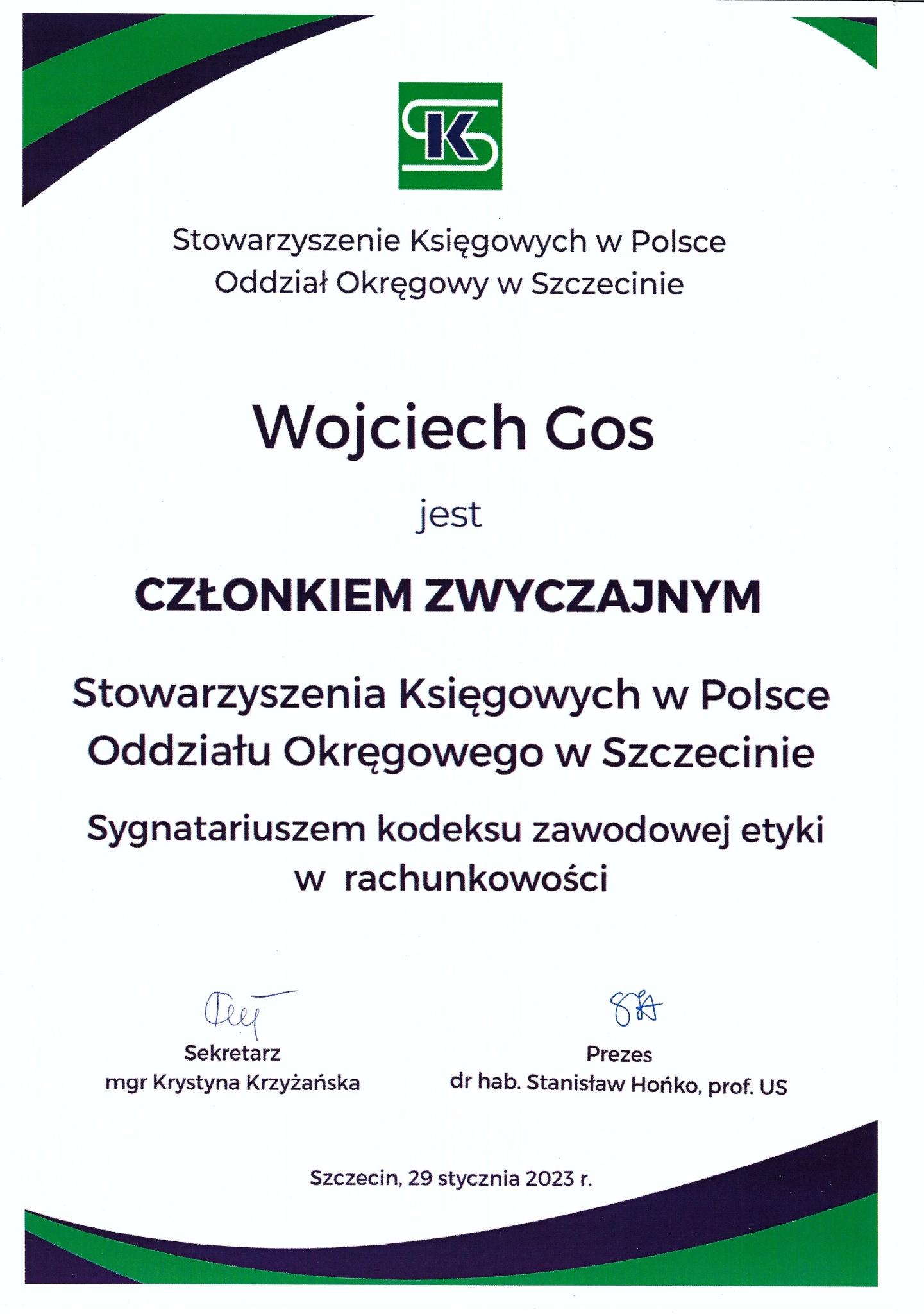 Certyfikat Wojciech Gos