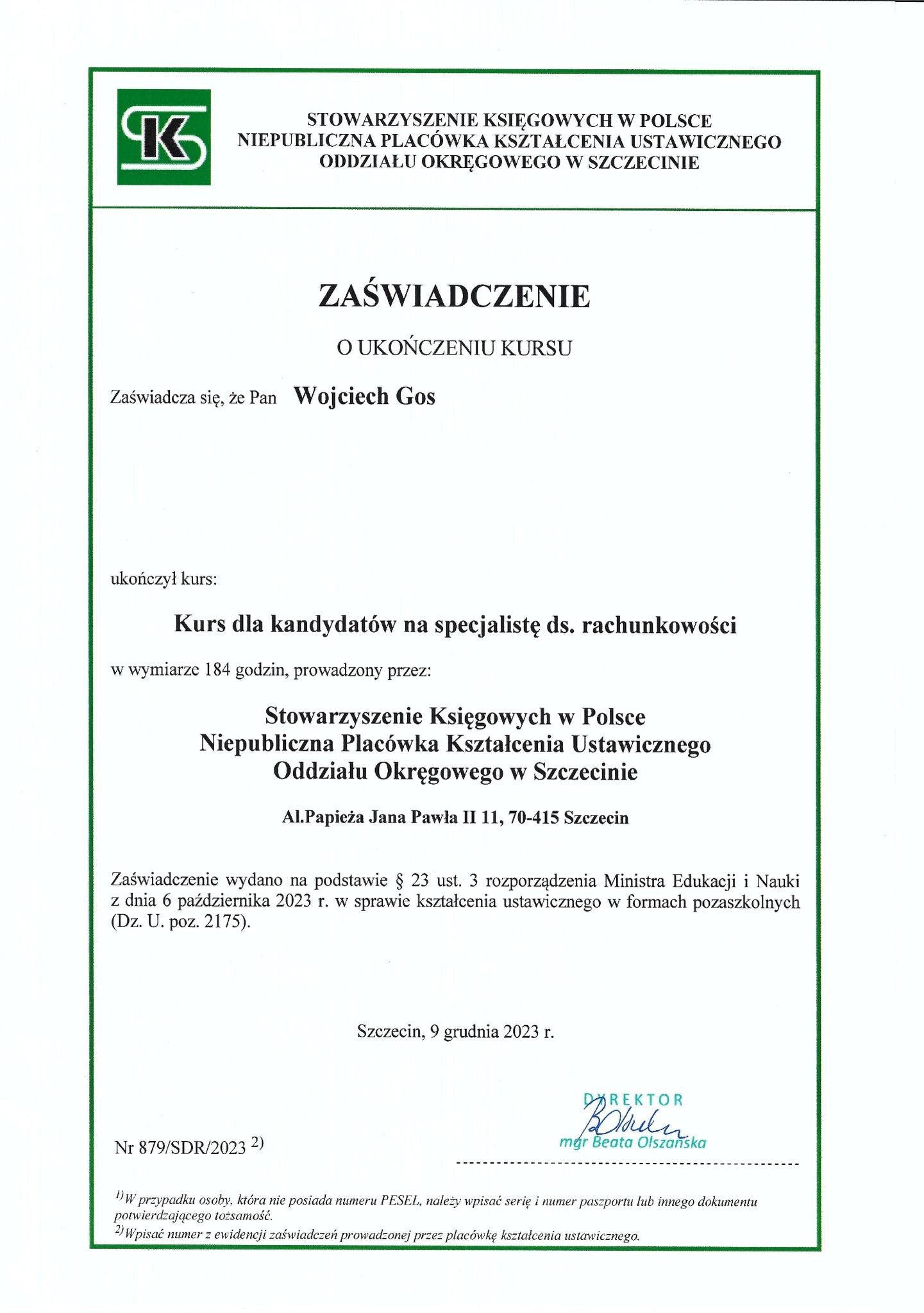 Certyfikat Wojciech Gos